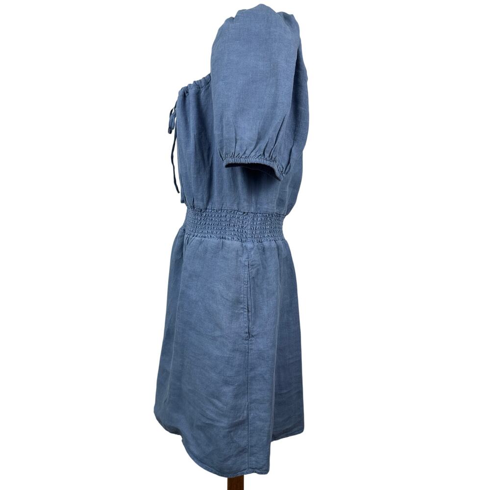 Cloth & Stone Linen Tie Front Dress M Blue Peasant Mini Pockets Anthro - Picture 5 of 8